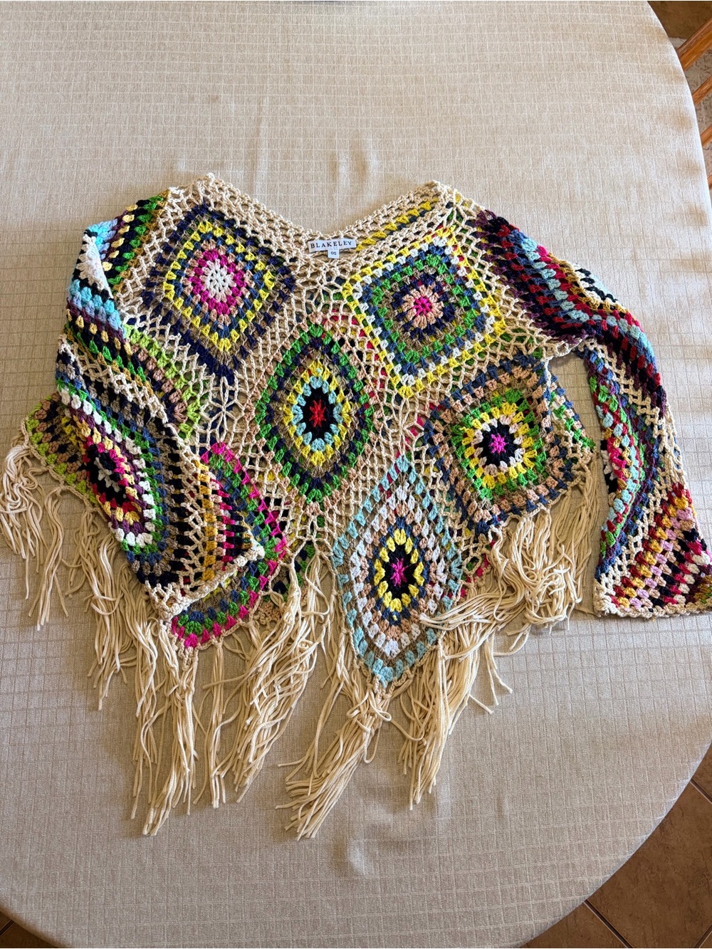 Crochet Fringe Poncho Sweater in Beige with Multicolor Accents